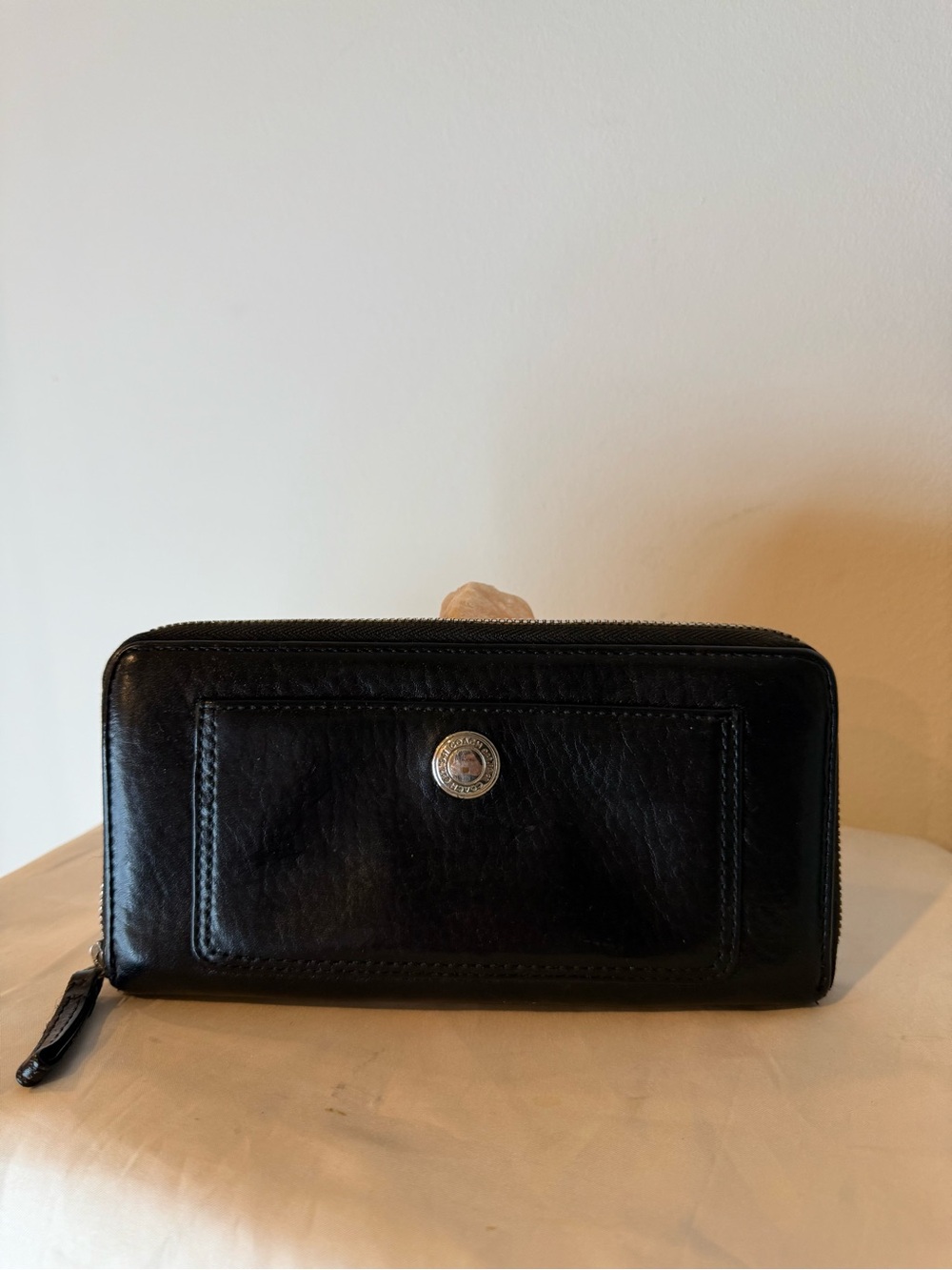 Coach Pebbled Leather Zip-Around Wallet- Black